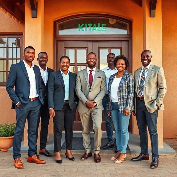 Group portrait of the Sparkwswift real estate team outside their Kitale office