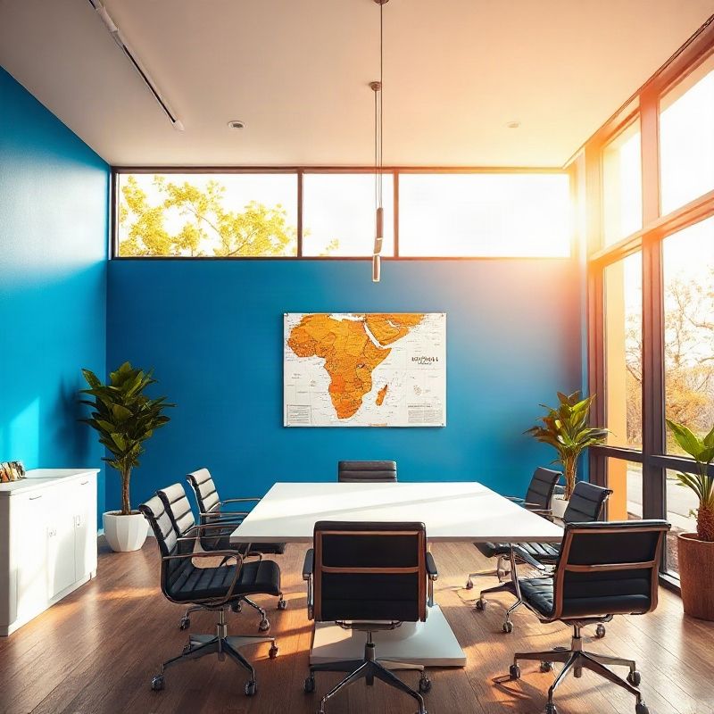 Interior of a modern Kenyan office meeting room with an azure accent wall