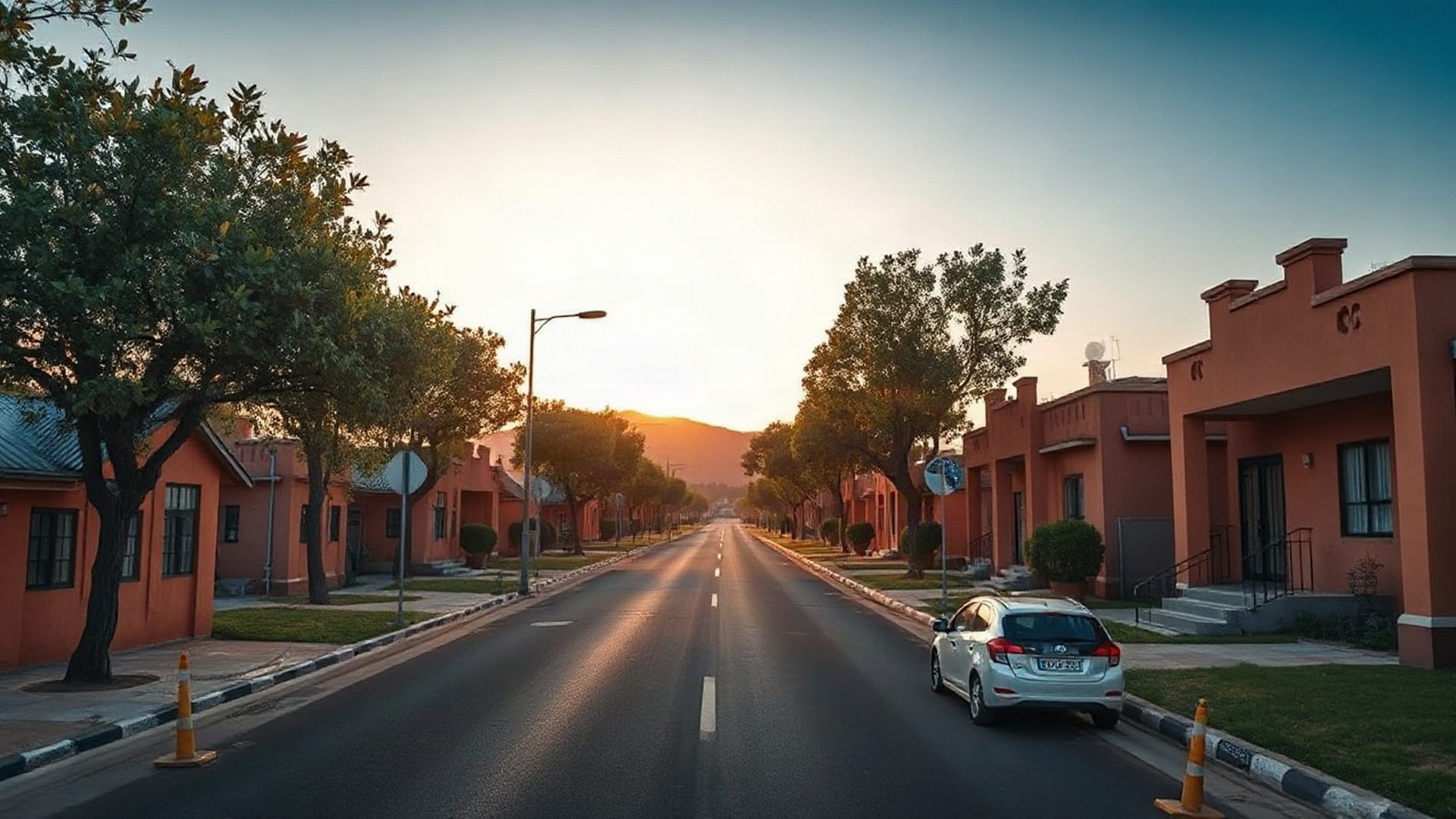 A residential street in Kitale under golden equatorial morning light